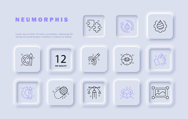 Photo montage set line icon. Color correction, brush, cropping, contrast, saturation, pencil, gear. Neomorphism style. Vector line icon for business and advertising