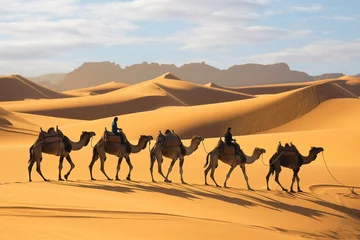 Fototapeten person with camels crossing desert dunes © studioworkstock