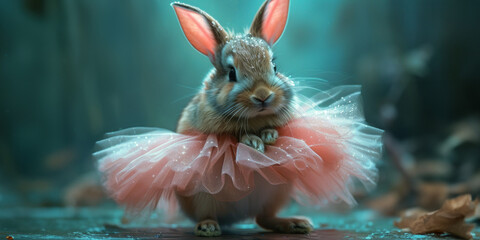 Petfluencer illustration of bunny influencer as ballet dancer, wearing tutu and performing on stage, capturing grace and cuteness in pet portraits