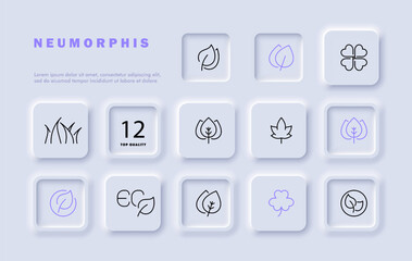 Nature set line icon. Grass, leaves, maple, clover, trees, plants, greenery. Neomorphism style. Vector line icon for business and advertising
