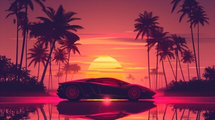 Synthwave sunset flat design, with gradient sky, silhouetted palm trees, and sleek sports car, embodying dreamy aesthetics of retro futurism
