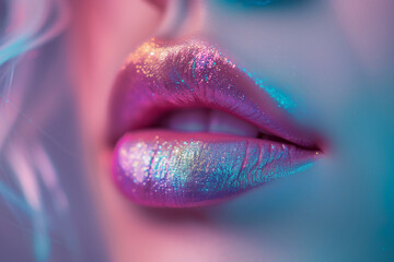 Lips of a beautiful woman with makeup, Close-up - obrazy, fototapety, plakaty