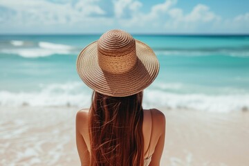 Fototapeta na wymiar Eine junge Frau mit einem Sonnenhut am Strand im Urlaub 