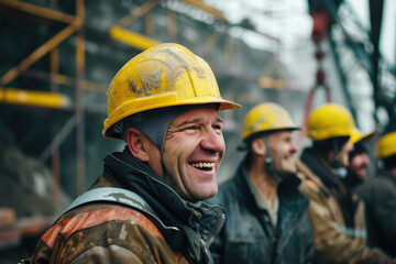 Group of happy workers in hard hats and construction uniforms at a construction site