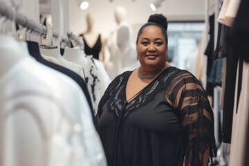 plussize fashion designer in a boutique with mannequins
