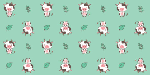 Seamless pattern with cute cow. Cute animals in kawaii style. Drawings for children. vector illustration