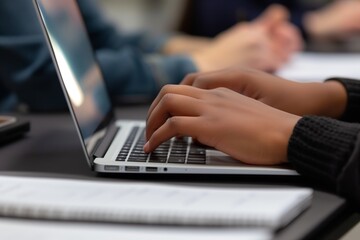 closeup of hands typing on laptop during a seminar