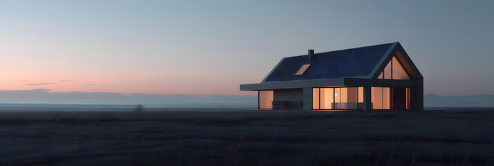 Illustration of a small wooden house standing alone in the middle of an open field at sunset, creating a serene and tranquil landscape.