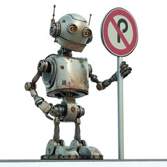 Robot Holds No Overtaking Sign on Transparent Background, PNG, Generative Ai