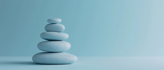 Aufeinander gestapelte Steine vor blauem Hintergrund, Symbol für Balance und Meditation 