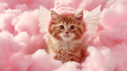 An orange tabby wearing a cupid costume, complete with wings, perched atop a cloud of pink cotton candy. Generative AI illustration 