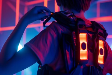 a young person adjusting their laser tag vest before the game starts