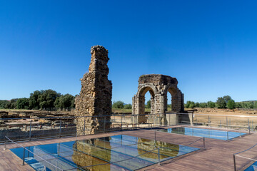 View of the remains of the Roman city of Cáparra with the famous quadrifront arch in the...