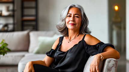 Fototapeta premium A sophisticated, elegant adult woman sitting in her apartment