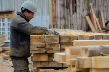 worker stacking freshly sawn lumber piles