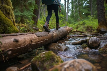 person with backpack crossing a log over a creek