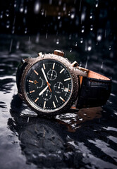 Waterproof luxury mens watch on the stone under the rain, commercial concept, bespoke water resistant design, generative ai