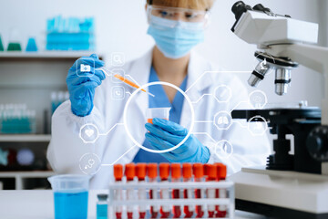 female scientist working with micro pipettes analyzing biochemical samples, advanced science...