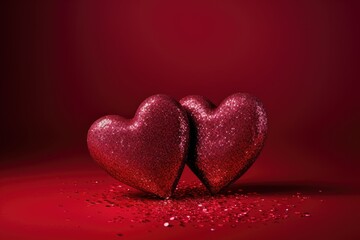 Obraz premium A photograph capturing two hearts in the shape of a couple upon a vibrant red background.