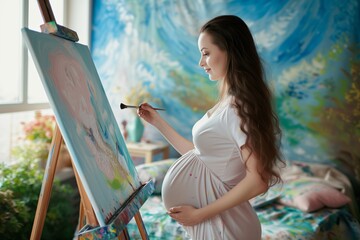 pregnant woman with a paintbrush, making art at an easel