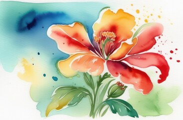 On the table, a top view of a colorful watercolor flower drawn on white paper. Concept for Mother's Day, International Women's Day