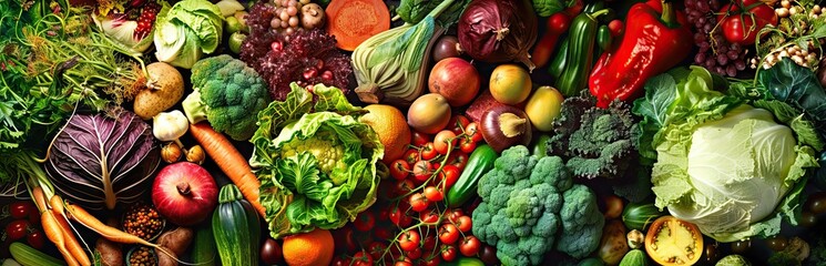 Organic vegetables including cucumbers tomatoes eggplants carrots broccoli cabbage onions celery and asparagus forms colorful backdrop representing abundance and diversity of nature bounty - obrazy, fototapety, plakaty