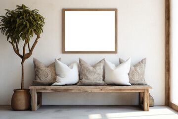 A simple wooden bench is positioned beside a potted plant in this outdoor scene.