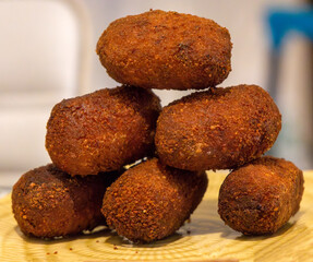 Croquettes plated in the shape of a pyramid. Galicia.