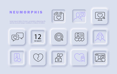 Dating apps set line icon. Smartphone, star, coincidence of interests, laptop, assessment, emotions. Neomorphism style. Vector line icon for business and advertising
