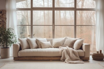 Fototapeta premium The photo showcases a spacious living room filled with various furniture pieces, including sofas, armchairs, coffee tables, and a large window that floods the room with natural light.