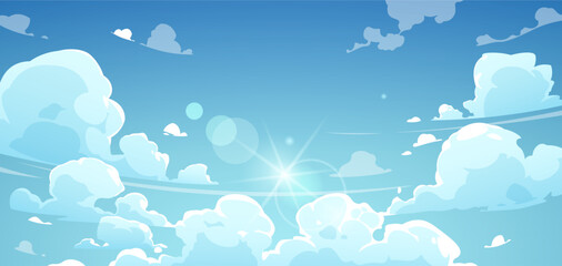 Cartoon summer sky. Landscape of bright sunny day with floating white cumulus clouds, outdoor scenery with blue sky background. Vector illustration