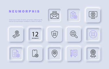 Crosses set line icon. Cancellation, contract clause, smartphone, GPS, pencil, SMS, monitor. Neomorphism style. Vector line icon for business and advertising