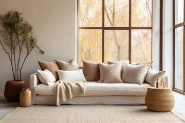 A spacious living room featuring a white couch and a large window that fills the space with natural light.