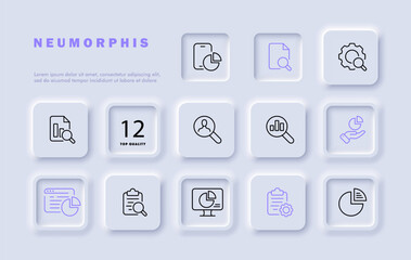 Graph set line icon. Economics, search, smartphone, diagram, pie chart, website, minitor, data analysis. Neomorphism style. Vector line icon for business and advertising
