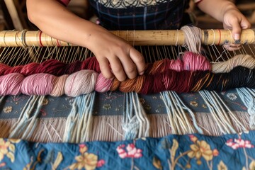 female weaver combining different yarns on a loom - obrazy, fototapety, plakaty