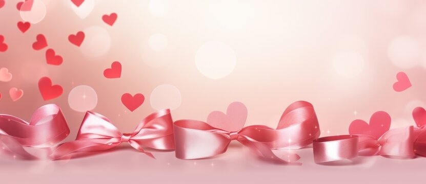A photo featuring a pink background adorned with hearts and ribbons, creating a festive and playful atmosphere.
