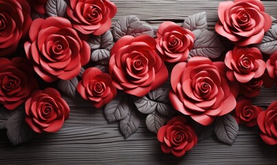 A bunch of red roses is elegantly arranged on top of a wooden table, creating a vibrant and eye-catching display.