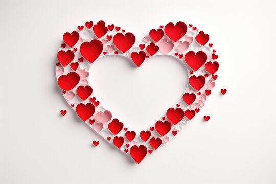 A photo featuring a heart shape created entirely out of smaller hearts, all displayed on a white background.