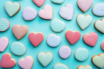 Obraz premium A table filled with an assortment of heart-shaped cookies, ranging in colors and sizes.