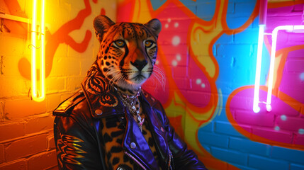Sleek cheetah adorned with tribal tattoos, wearing a leather jacket, against an urban graffiti backdrop, lit with neon lights, exuding urban chic and speed
