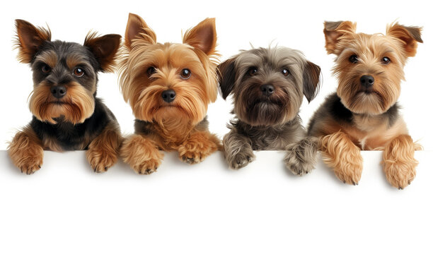 Four Yorkshire Terrier Dogs Looking Over A Blank Board Placard Cut Out And Isolated On A White Background With Copy Space For Text.