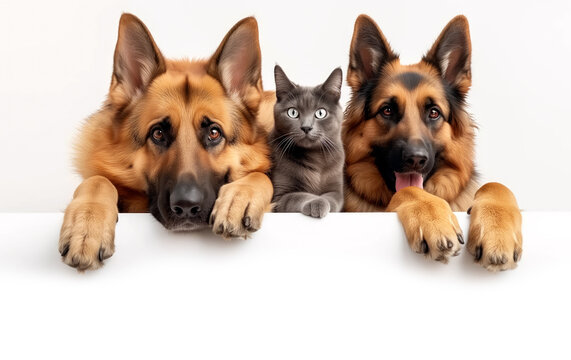 Two German shepherd / alsation dogs and a cat looking over a blank poster / placard cut out and isolated with copy space for text