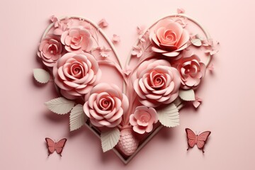 A paper heart adorned with delicate pink roses and accompanied by fluttering butterflies.