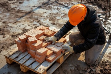 person in hard hat arranging bricks on a pallet at site