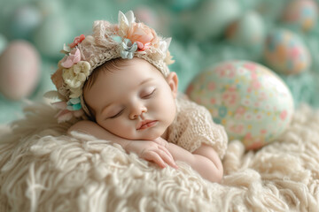 Fototapeta na wymiar Spring Easter portrait of a girl with a floral headdress. Cute infant baby girl lying on a fringed beige blanket in a professional newborn photography studio setup. Easter card. Pastel colors