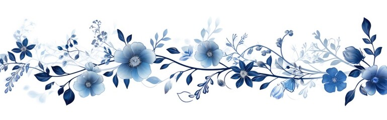A photo featuring vibrant blue flowers and leaves arranged on a pristine white background.