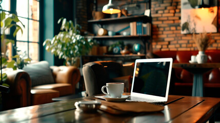 The workplace of a manager, designer, writer or IT specialist in a cozy cafe or at home.