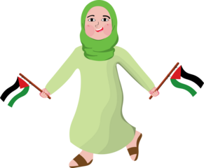 Illustration of a Gaza-Palestinian child wearing a Palestinian flag