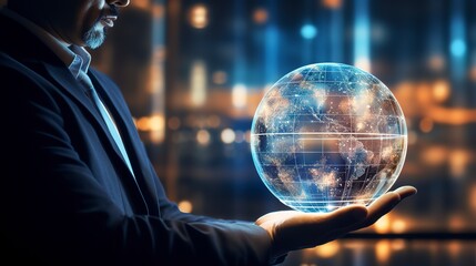 Fototapeta premium A businessman interacting with a virtual holographic globe for global business strategy, business, holograms, blurred background, with copy space 