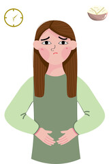 Woman hold her stomach because she feel hungry and craving